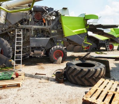 Harvesters and combine parts at the plant are waiting for sales, tractors and agricultural machinery, maintenance and exports.