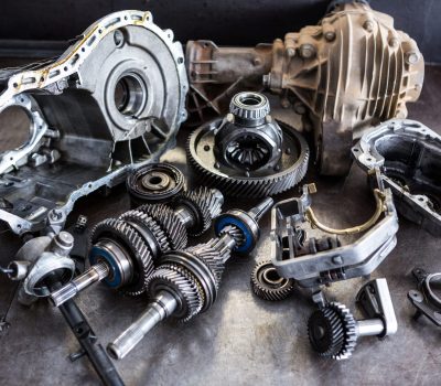 Close-up of various work tools on worktop at repair garage